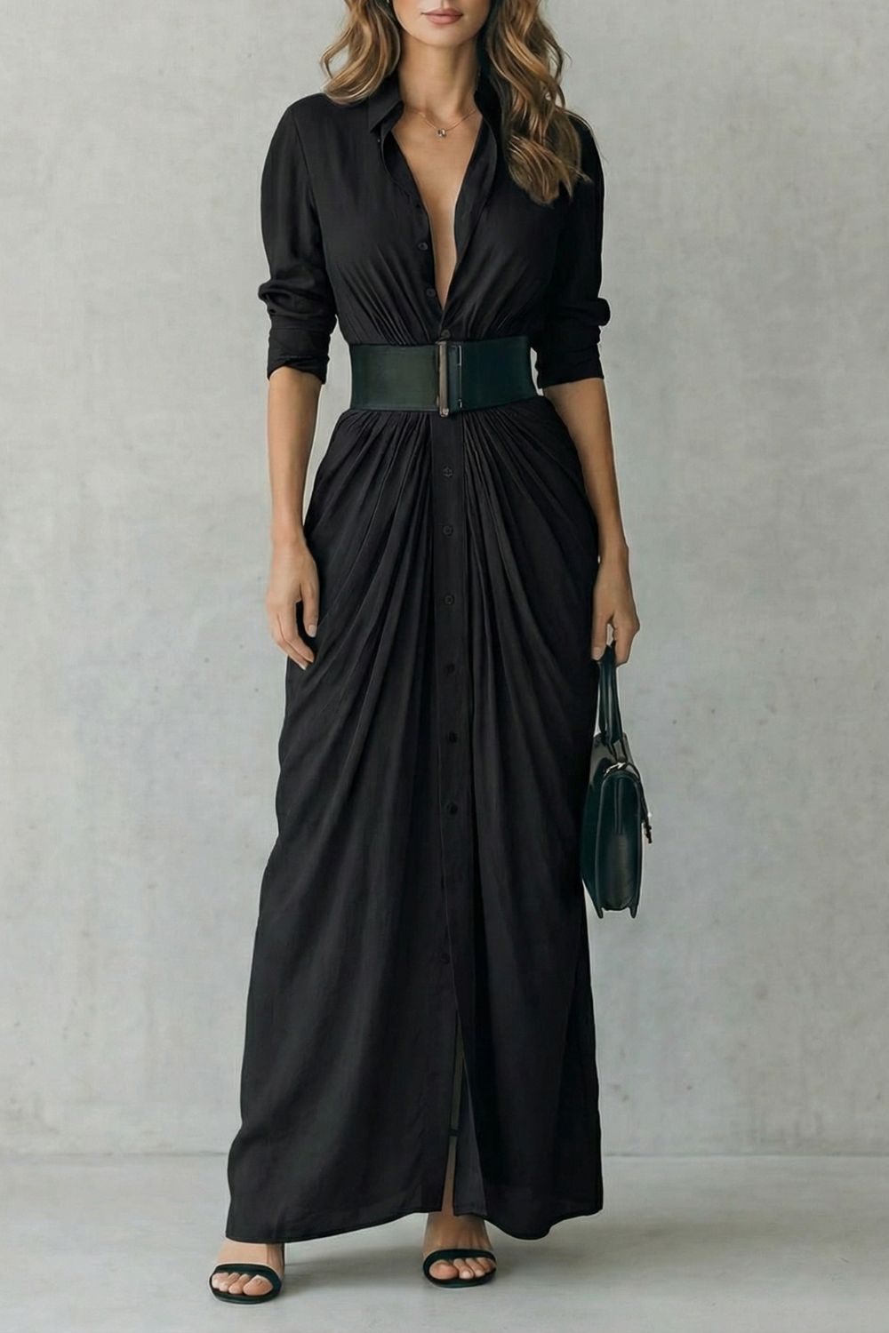 Phoebe | Maxi Shirt Dress Grey Pleated Button-Down Belted for Women