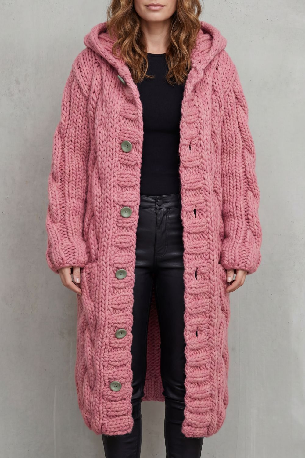 Phoebe | Maxi Hooded Cardigan Coat Blue Chunky Cable Knit Oversized for Women