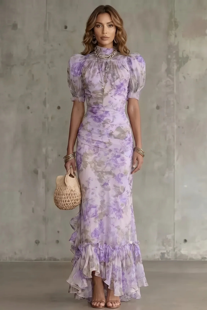 Rosalynn | Maxi Dress Pink Floral Mesh Puff Sleeve Ruched for Women