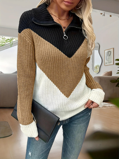 Winona | Colour Block Knit Sweater Black Rust White Quarter-Zip for Women