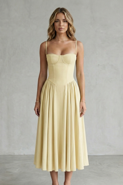 Demelza | Midi Dress Sage Green Structured Corset Pleated for Women