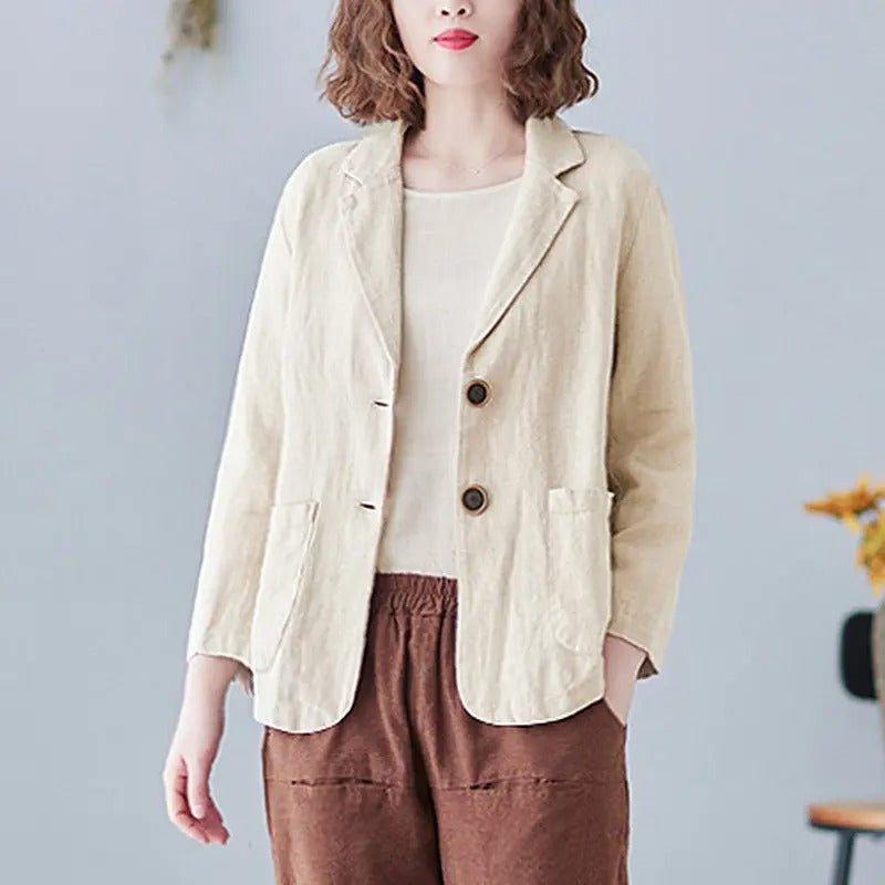 Isabelle | Blazer Blue Linen Tailored 3/4 Sleeve Pockets for Women