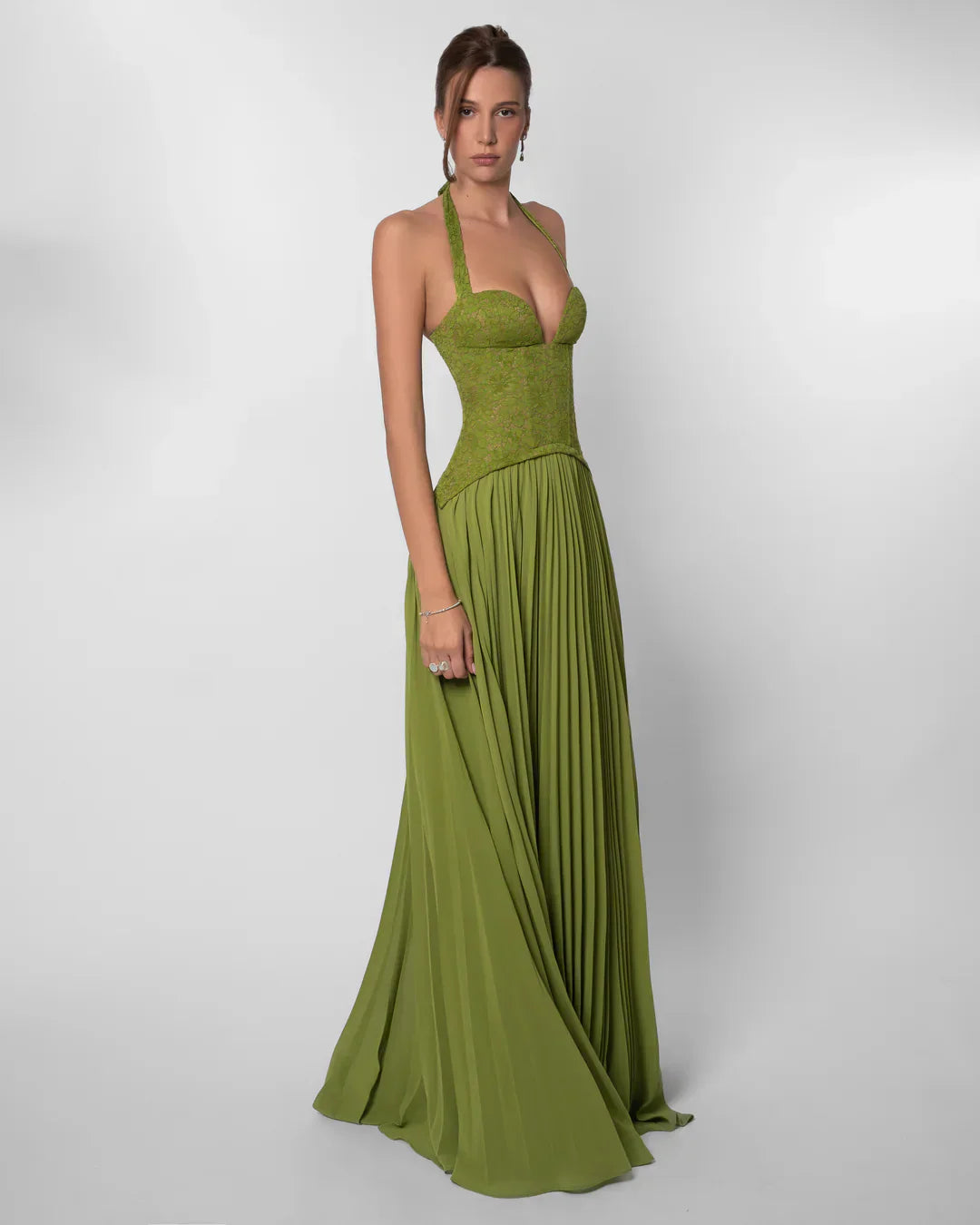 Annabell | Maxi Formal Dress Olive Green Lace Chiffon Halter Neck for Women
