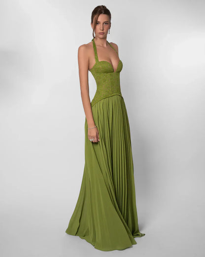 Annabell | Maxi Formal Dress Olive Green Lace Chiffon Halter Neck for Women