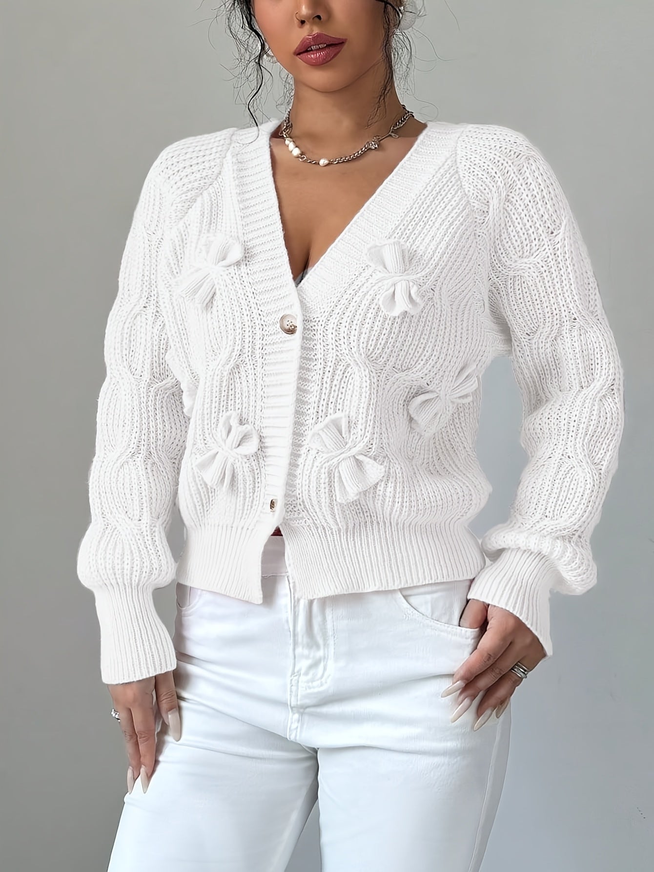 Nerissa | Cardigan Pink Knit Bow-Detail V-Neck for Women