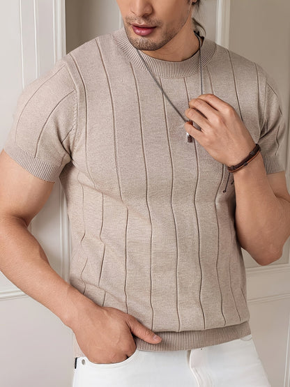 Wilfred | Striped Knit T-Shirt Oatmeal Viscose Ribbed Crew Neck for Men