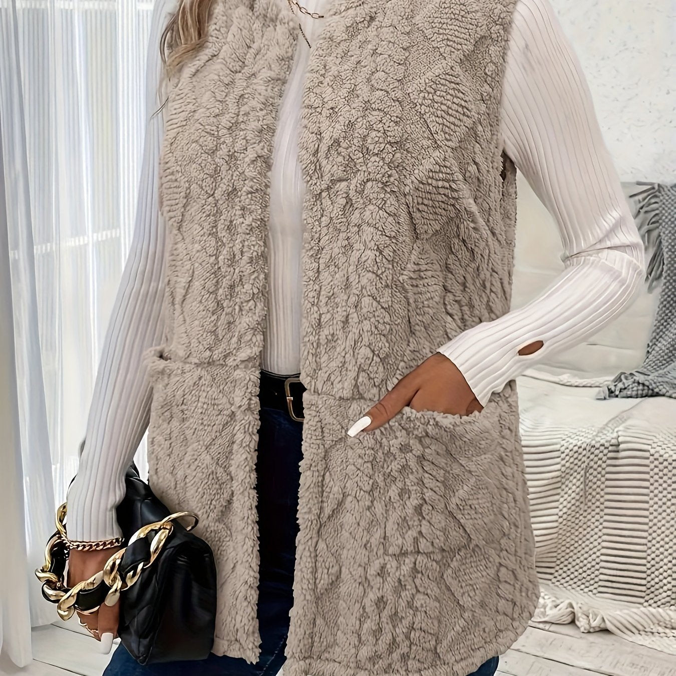 Delyth | Textured Sleeveless Vest Taupe Faux Fur Longline for Women