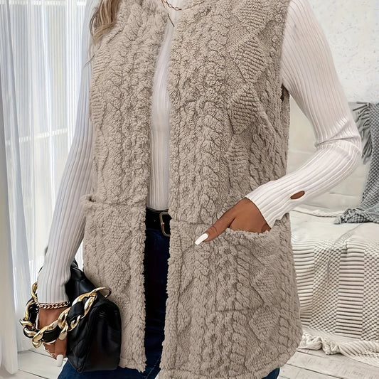 Delyth | Textured Sleeveless Vest Taupe Faux Fur Longline for Women