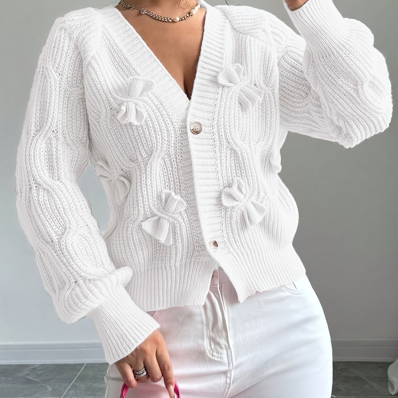 Nerissa | Cardigan Pink Knit Bow-Detail V-Neck for Women