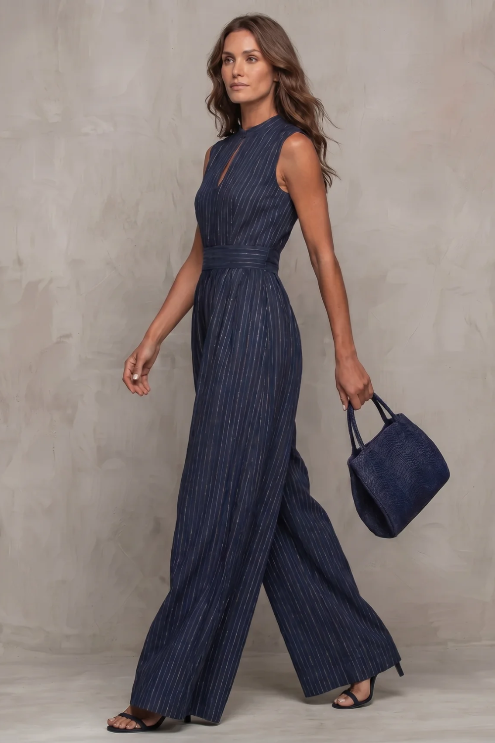 Phoebe | Wide-Leg Jumpsuit Navy Blue Striped Keyhole Sleeveless for Women