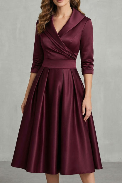Rosalind | Midi Dress Black Satin A-Line 3/4 Sleeve Wrap Collar for Women