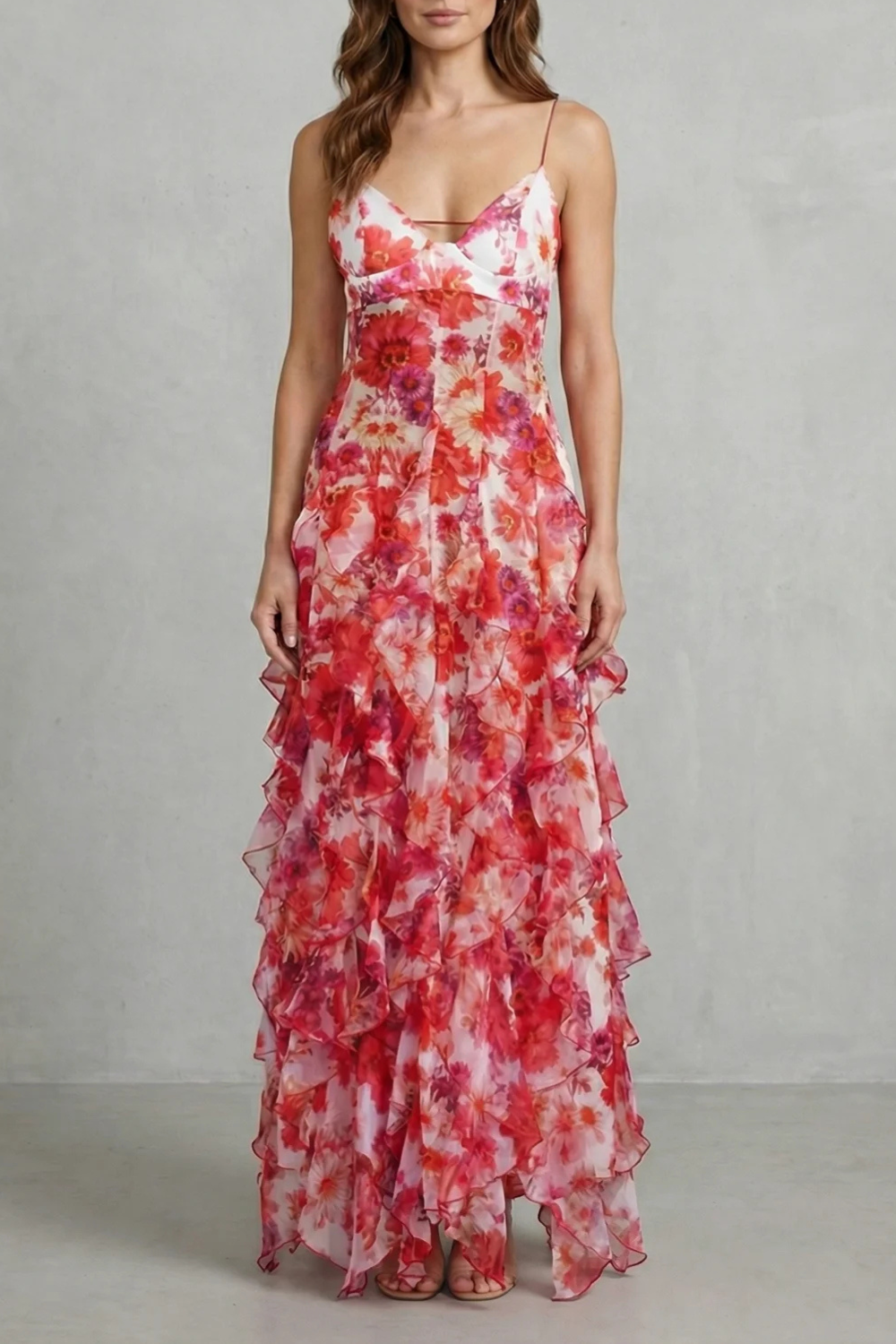 Rosalind | Maxi Dress Red Floral Chiffon Ruffle Spaghetti Strap for Women