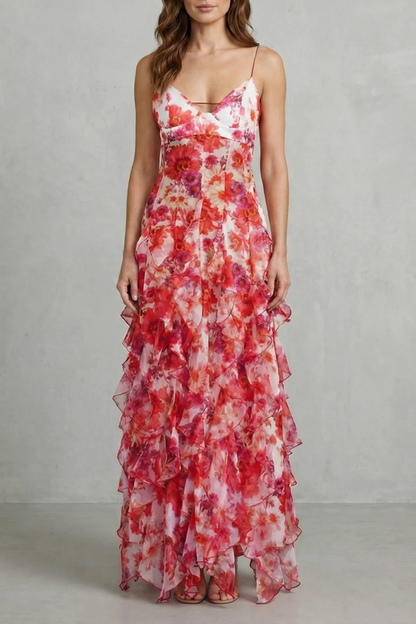 Rosalind | Maxi Dress Red Floral Chiffon Ruffle Spaghetti Strap for Women