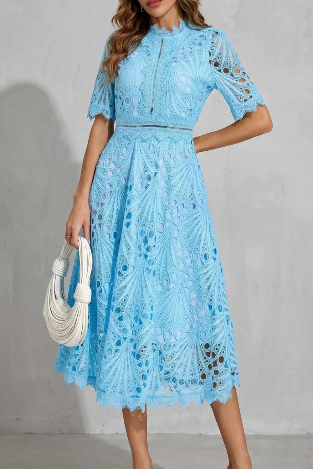 Phoebe | Midi Dress Hot Pink Lace High-Neck A-Line for Women