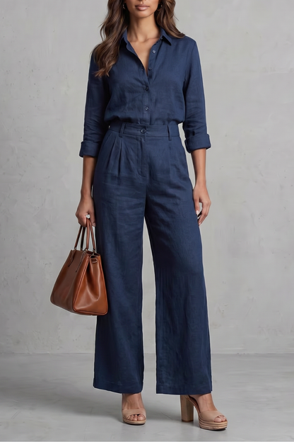 Phoebe | Wide-Leg Co-Ord Set Pink Linen-Effect Long Sleeve for Women