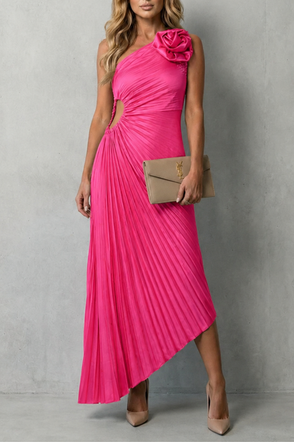 Linnet | Maxi Dress Olive Green Satin Pleated One-Shoulder Floral for Women