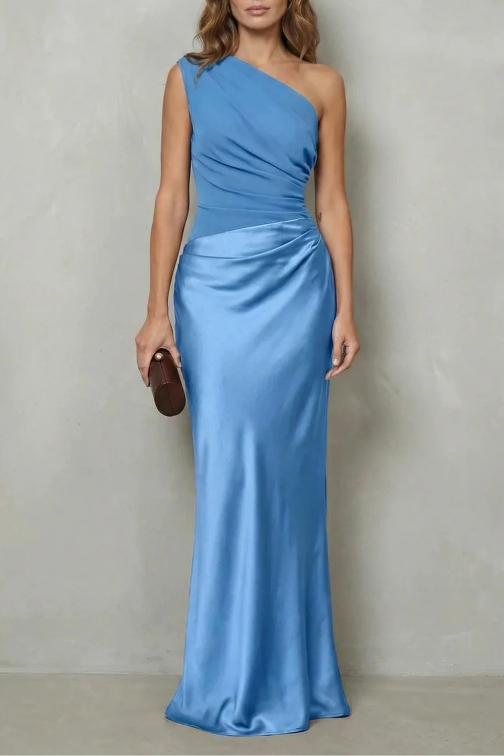 Lavinia | Maxi Evening Dress Chocolate Brown Satin One-Shoulder for Women