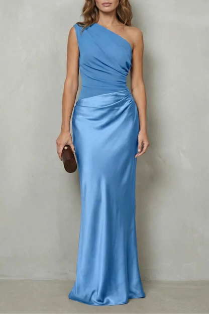Lavinia | Maxi Evening Dress Chocolate Brown Satin One-Shoulder for Women