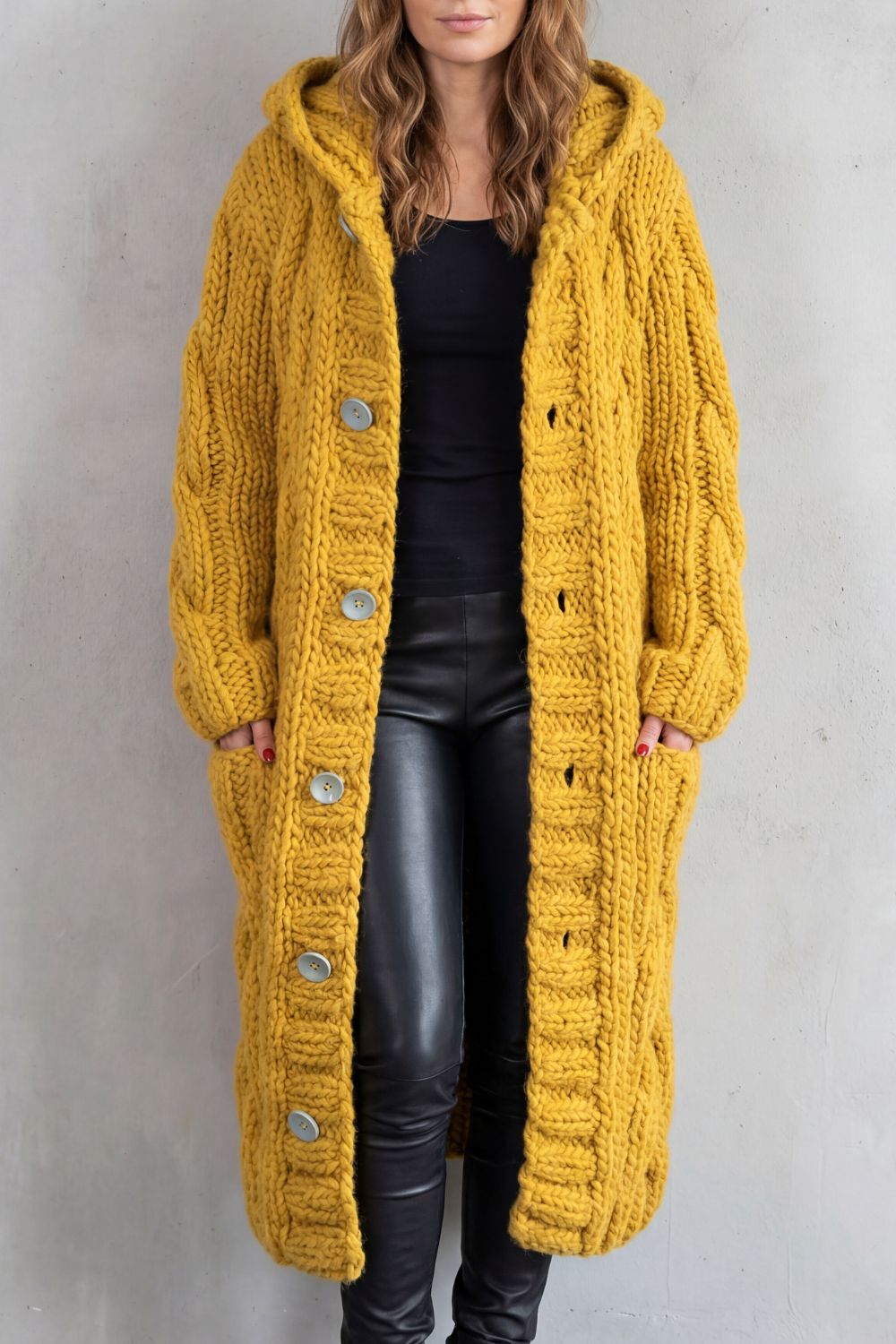 Phoebe | Maxi Hooded Cardigan Coat Blue Chunky Cable Knit Oversized for Women