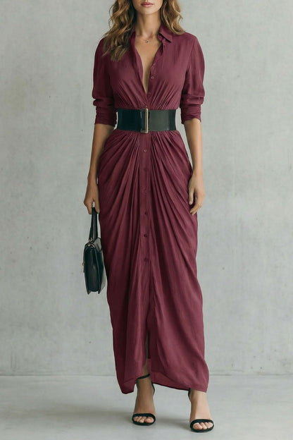 Phoebe | Maxi Shirt Dress Grey Pleated Button-Down Belted for Women