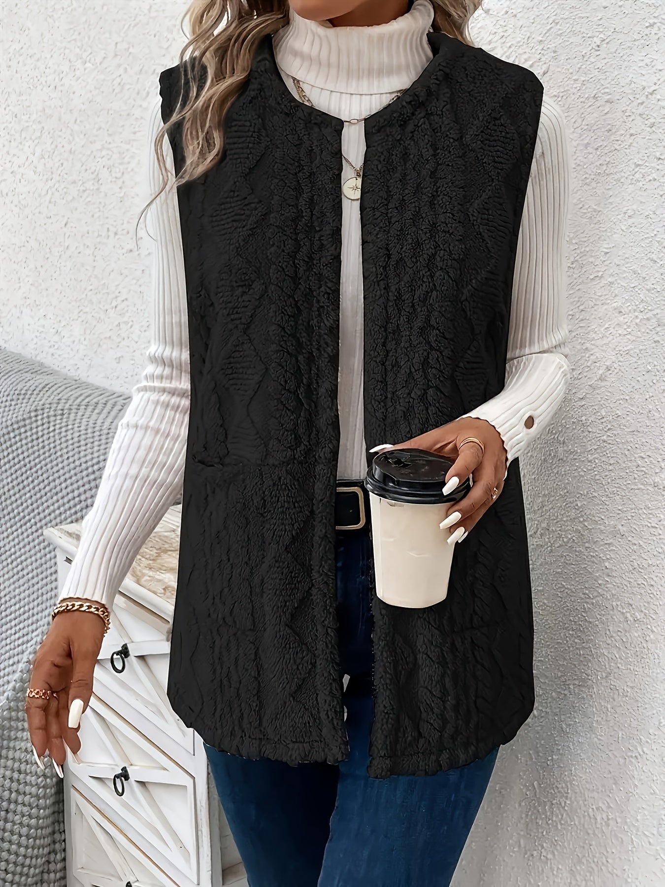 Delyth | Textured Sleeveless Vest Taupe Faux Fur Longline for Women