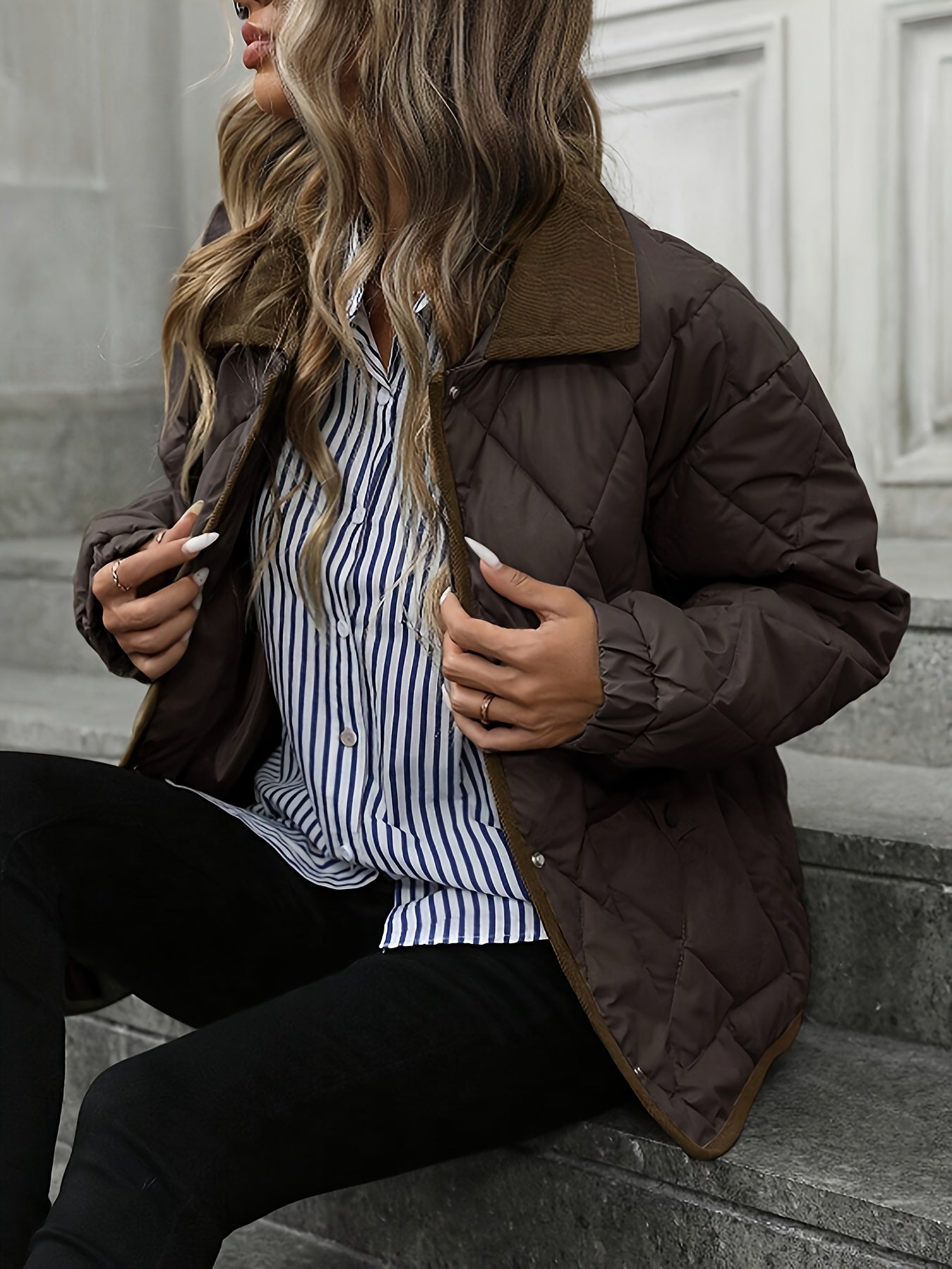 Enid | Quilted Jacket Brown Diamond Padded Corduroy Collar for Women