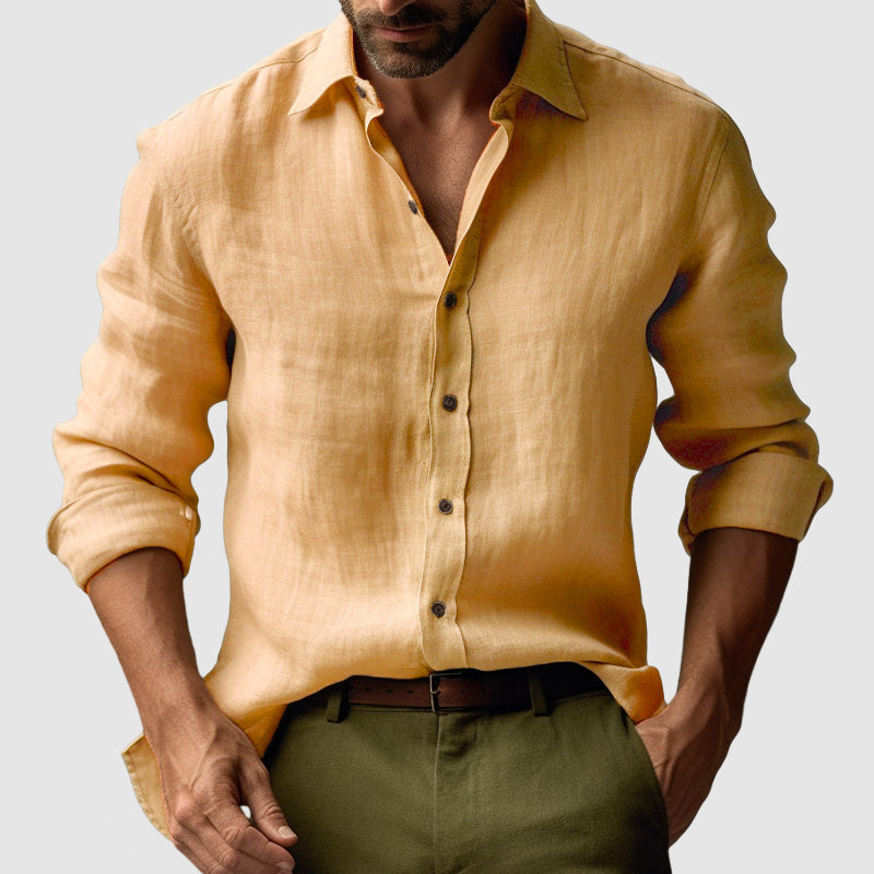 George | Linen Shirt Amber Yellow Long Sleeve Button Front for Men