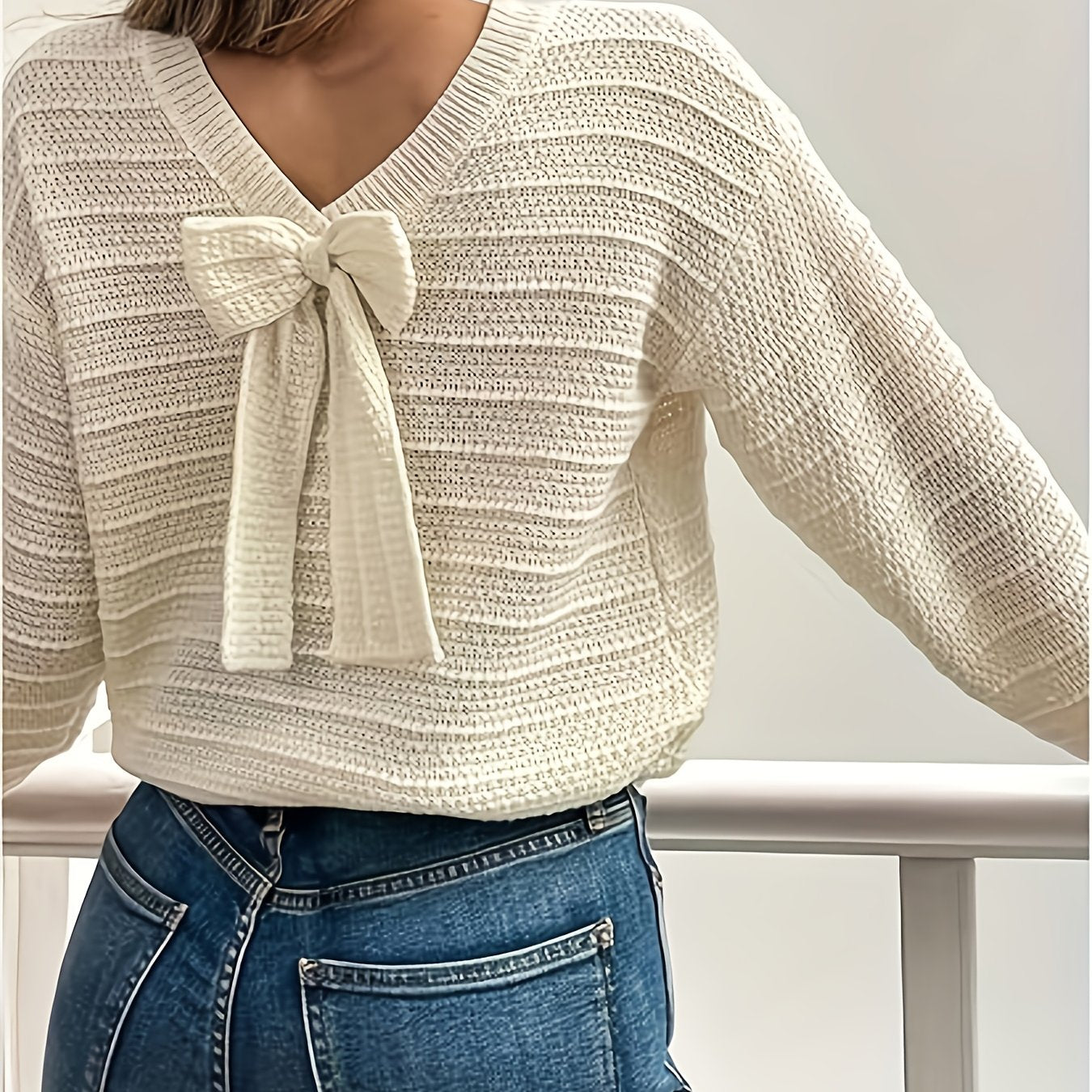 Oriana | Sweater Cream Ribbed Knit Bow-Tie Back for Women