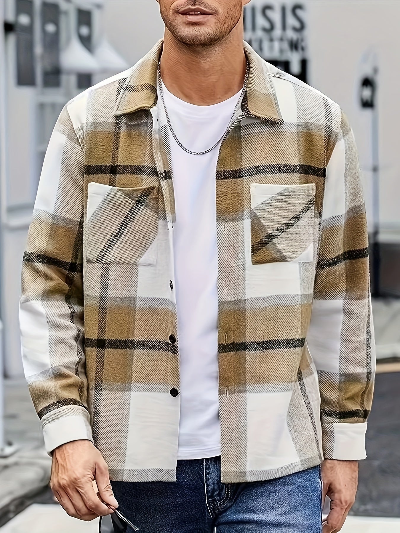 Ivor | Shirt Jacket Khaki Plaid Brushed Flannel for Men