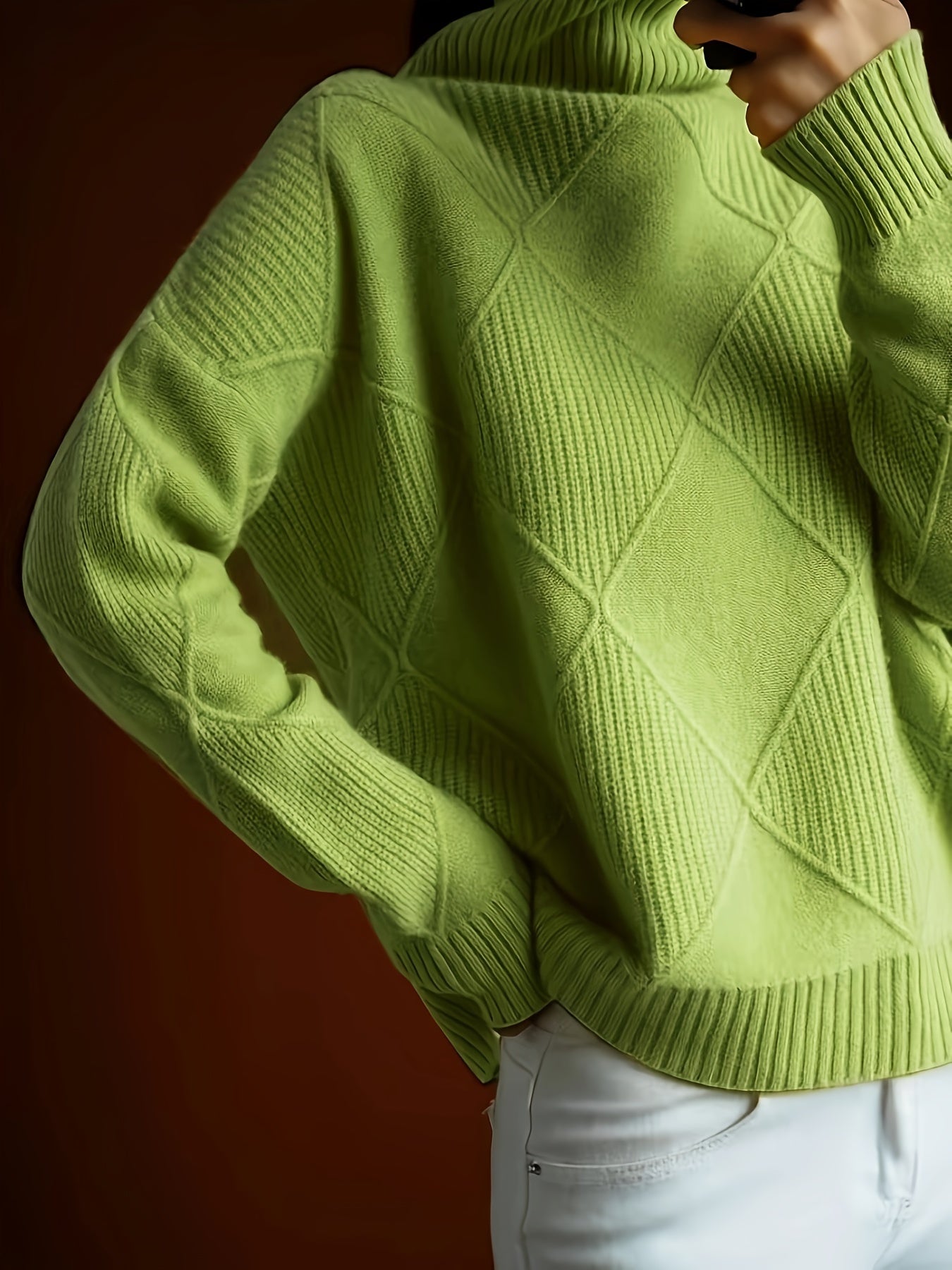 Hebe | Textured Turtleneck Sweater Green Diamond Knit for Women