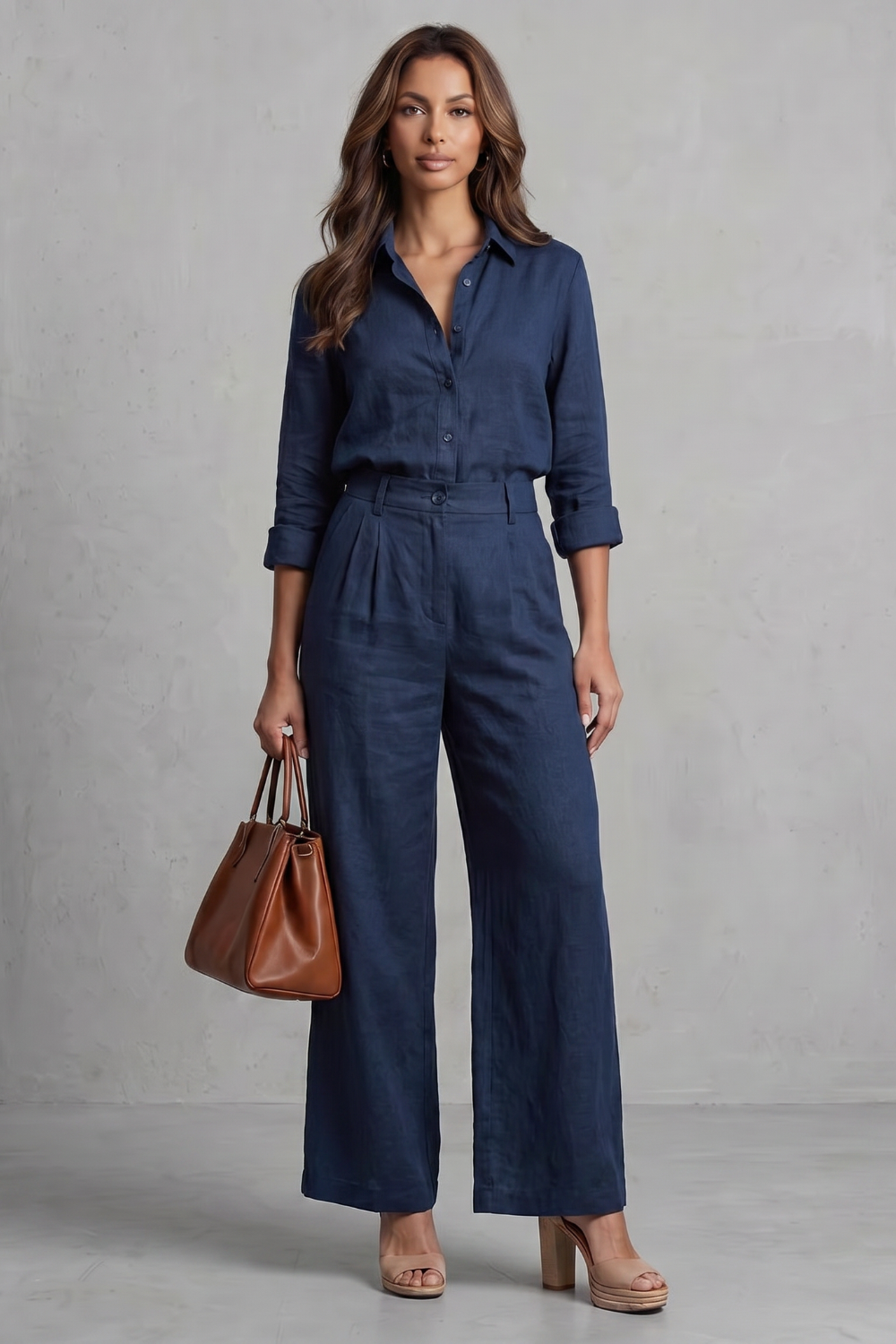 Phoebe | Wide-Leg Co-Ord Set Pink Linen-Effect Long Sleeve for Women