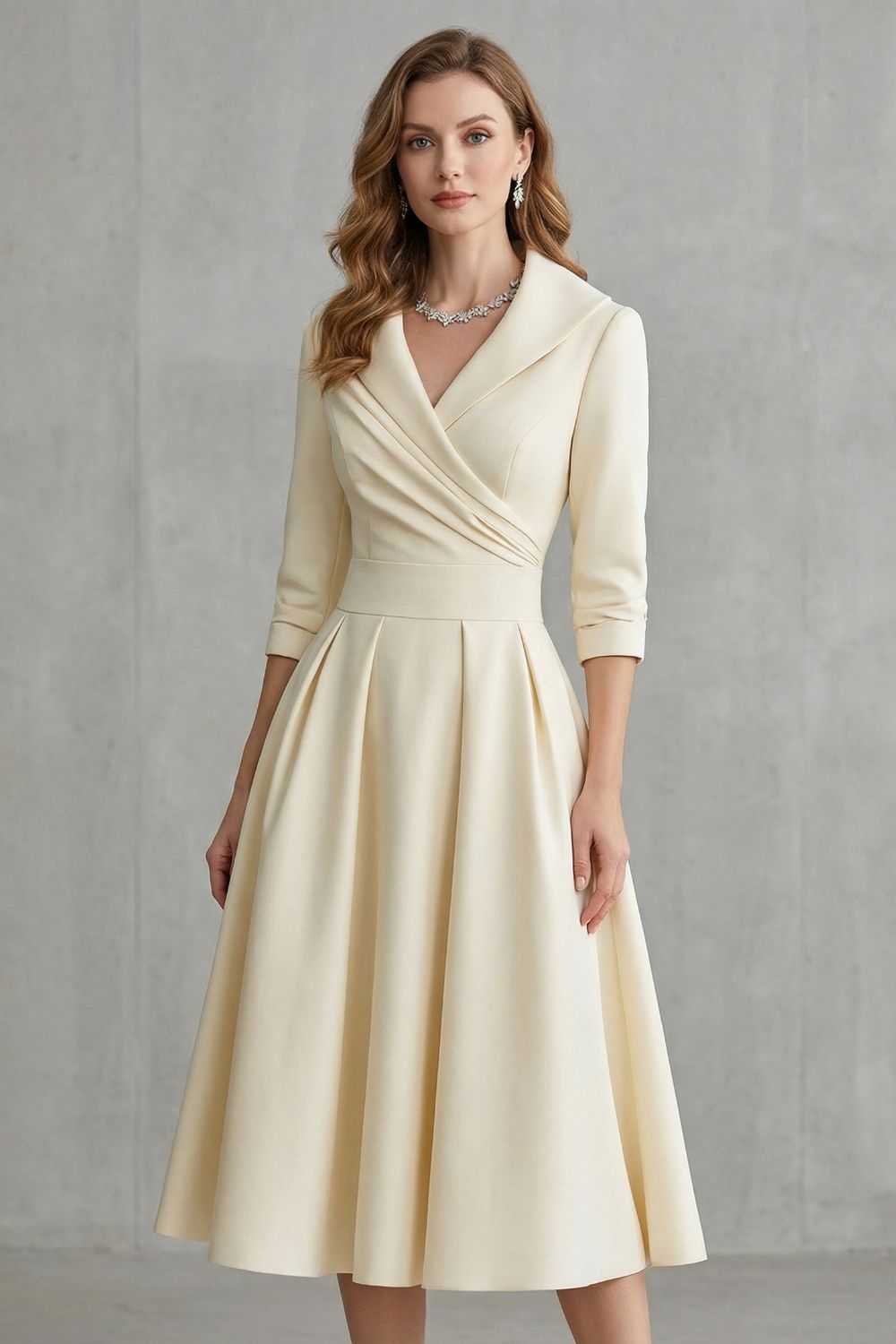 Rosalind | Midi Dress Black Satin A-Line 3/4 Sleeve Wrap Collar for Women