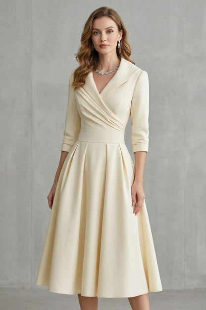Rosalind | Midi Dress Black Satin A-Line 3/4 Sleeve Wrap Collar for Women