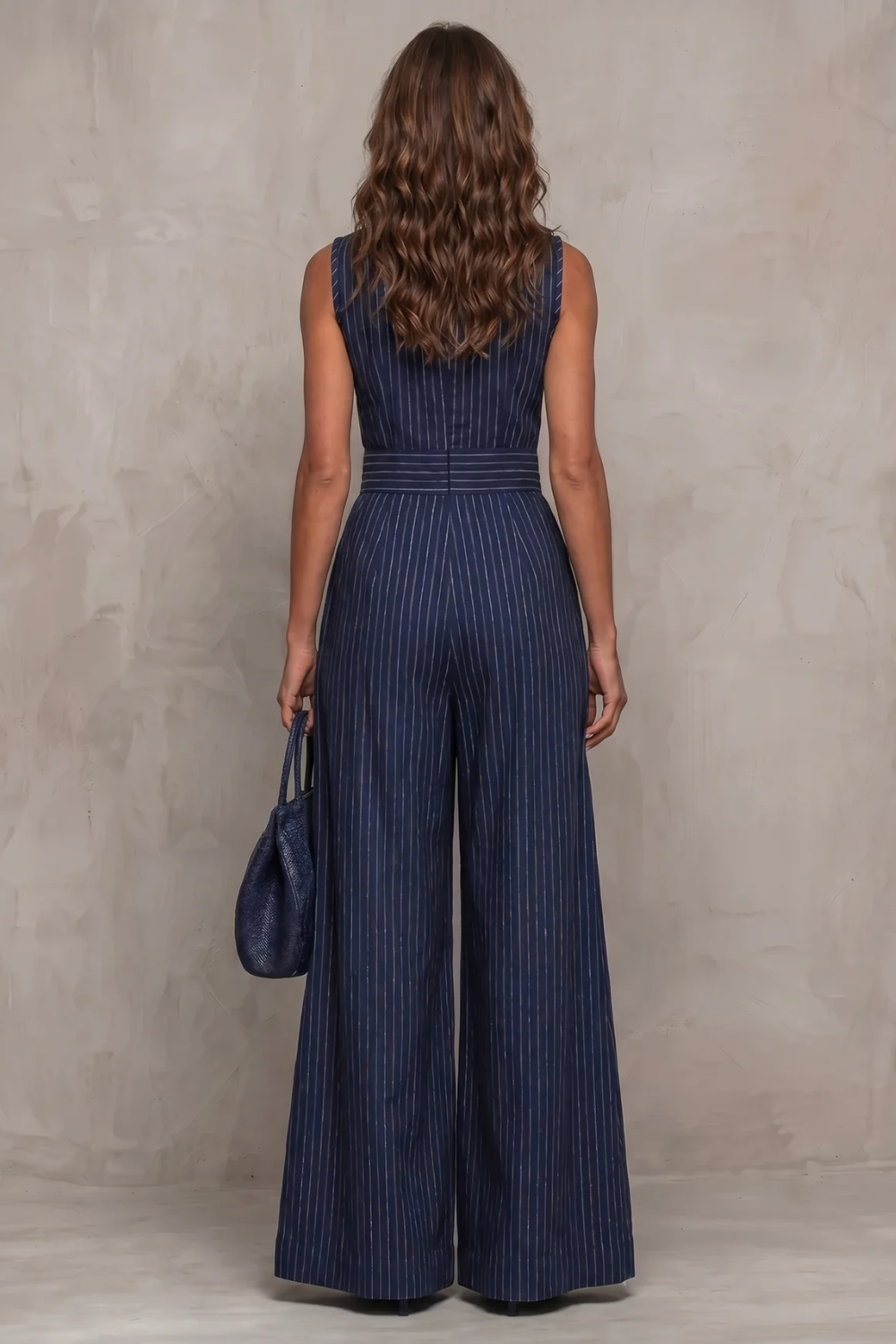 Phoebe | Wide-Leg Jumpsuit Navy Blue Striped Keyhole Sleeveless for Women
