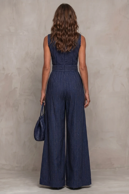 Phoebe | Wide-Leg Jumpsuit Navy Blue Striped Keyhole Sleeveless for Women