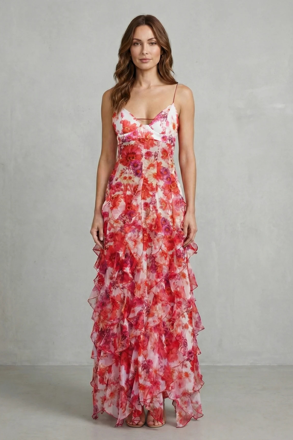 Rosalind | Maxi Dress Red Floral Chiffon Ruffle Spaghetti Strap for Women