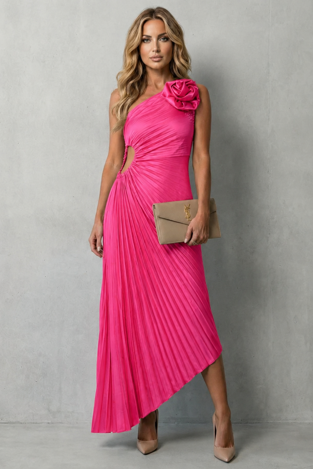 Linnet | Maxi Dress Olive Green Satin Pleated One-Shoulder Floral for Women