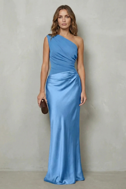 Lavinia | Maxi Evening Dress Chocolate Brown Satin One-Shoulder for Women
