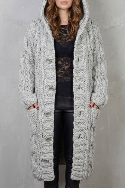 Phoebe | Maxi Hooded Cardigan Coat Blue Chunky Cable Knit Oversized for Women