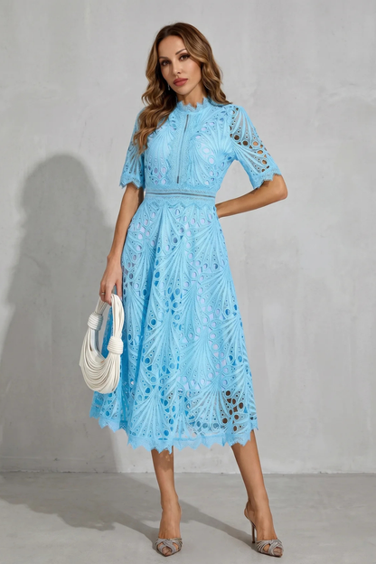 Phoebe | Midi Dress Hot Pink Lace High-Neck A-Line for Women
