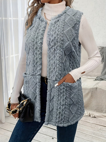Delyth | Textured Sleeveless Vest Taupe Faux Fur Longline for Women