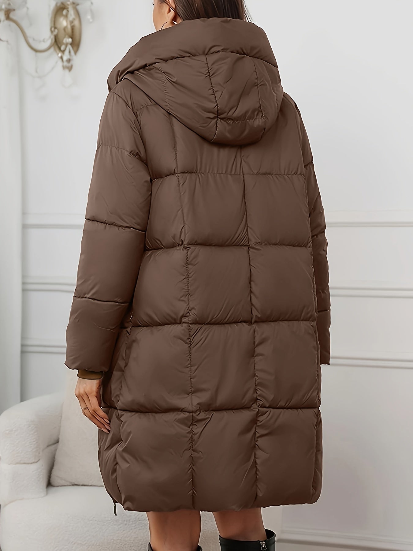 Saskia | Longline Puffer Coat Chocolate Brown Quilted Hooded for Women