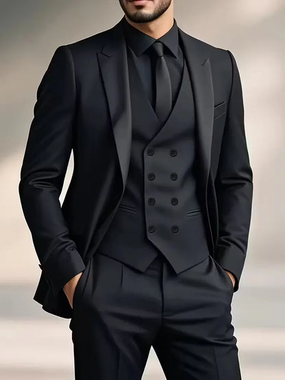 Nathaniel | Suit Black Slim Fit Three-Piece Double-Breasted Waistcoat for Men