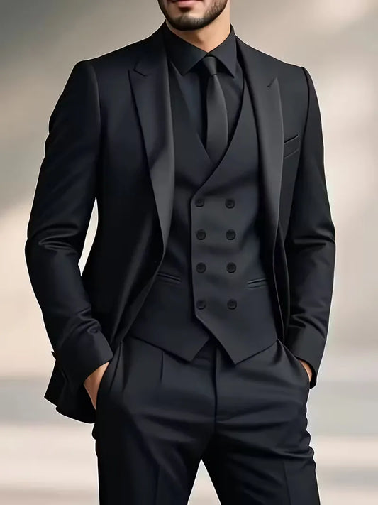 Nathaniel | Suit Black Slim Fit Three-Piece Double-Breasted Waistcoat for Men