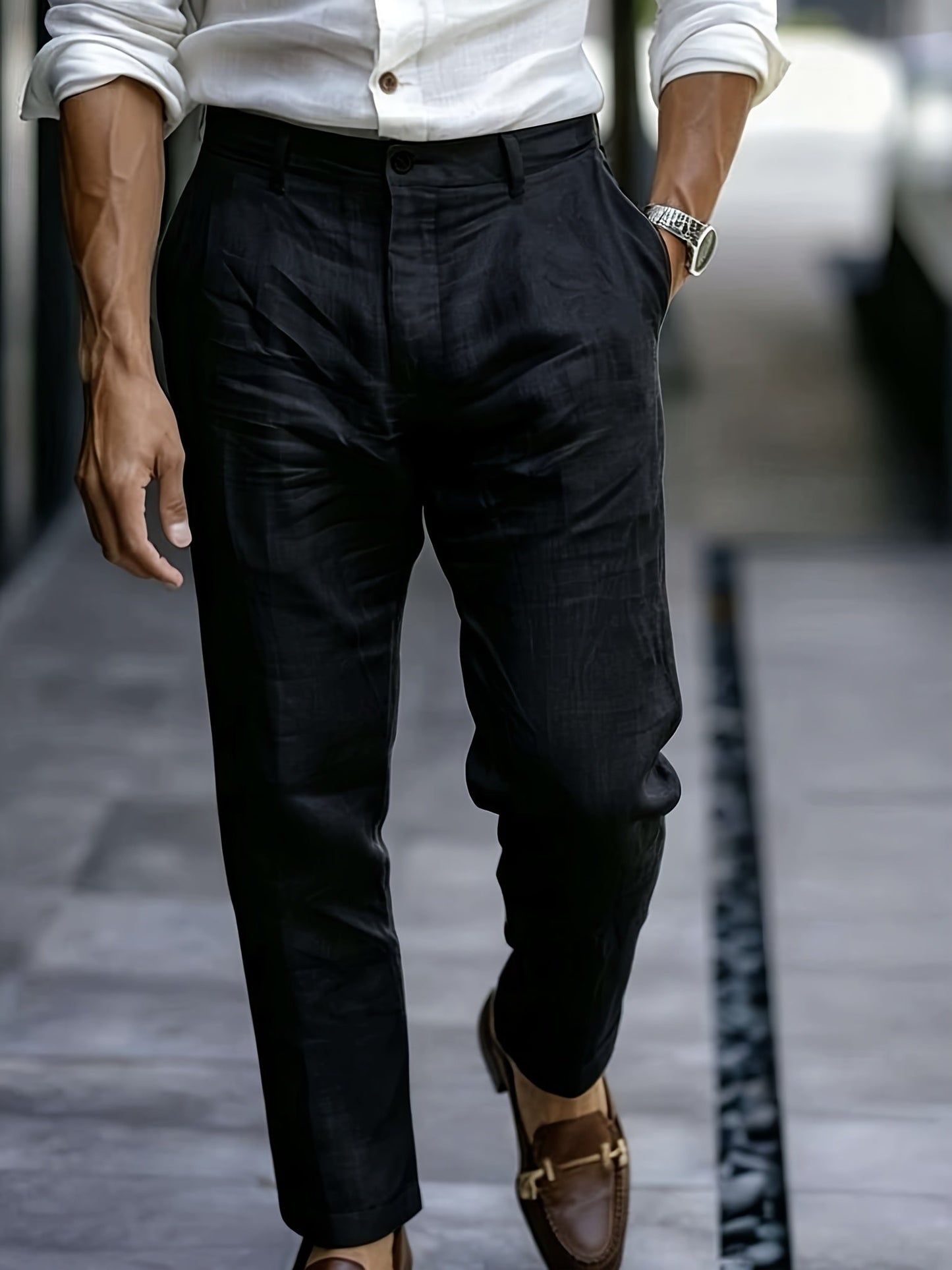 Edmund | Straight-Leg Trousers White Linen Side Pockets for Men