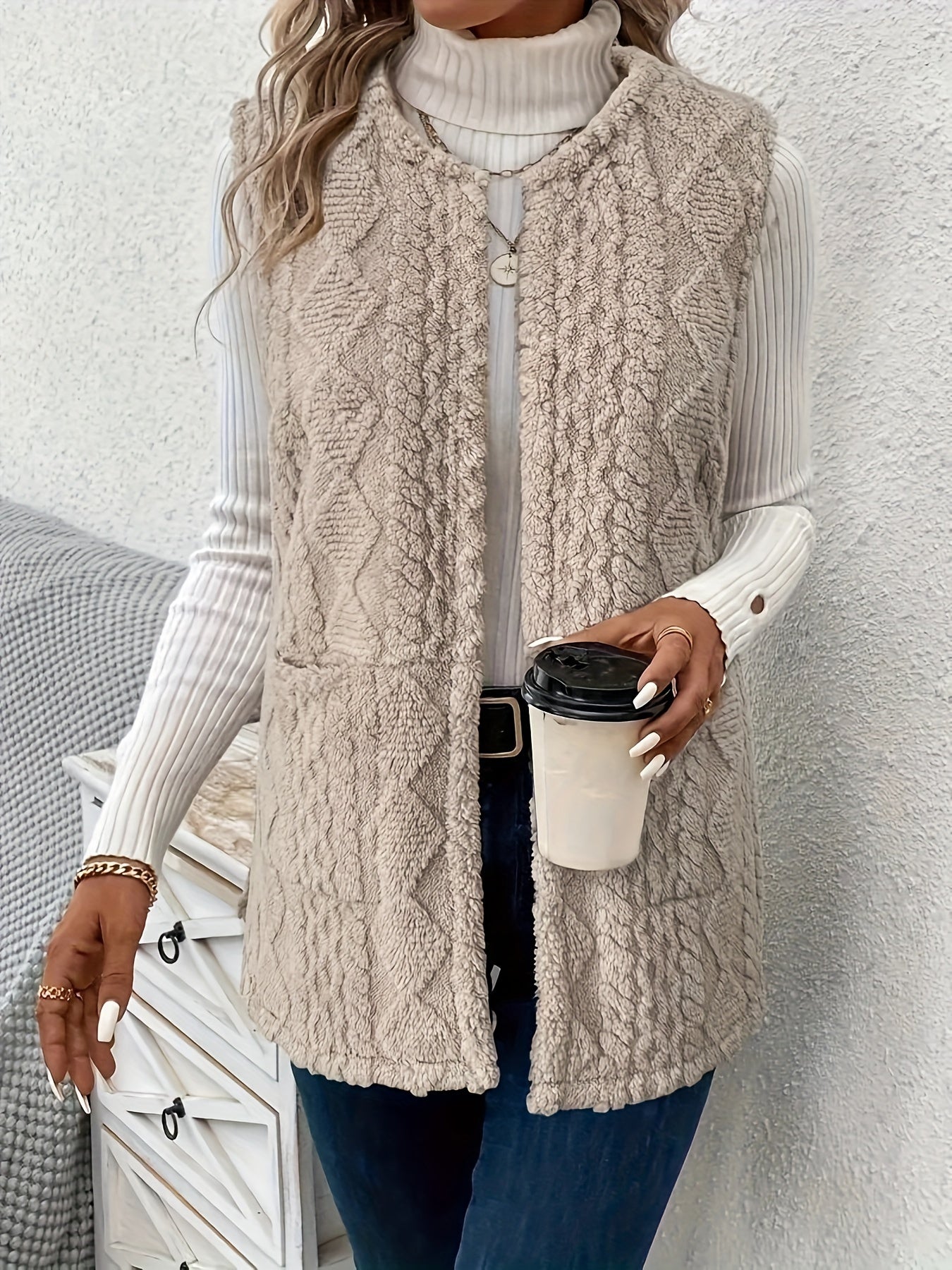 Delyth | Textured Sleeveless Vest Taupe Faux Fur Longline for Women