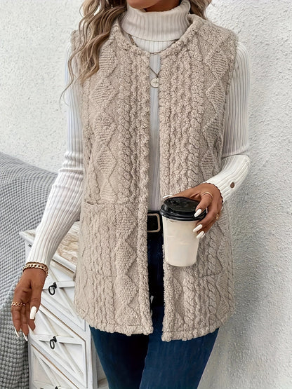 Delyth | Textured Sleeveless Vest Taupe Faux Fur Longline for Women