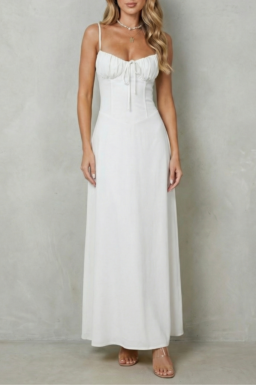 Fern | Maxi Dress Pastel Yellow Corset Ruched Bust Spaghetti Strap for Women