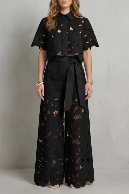 Rosalind | White Lace Two-Piece Set Floral Cutwork Wide-Leg Trousers & Crop Top for Women