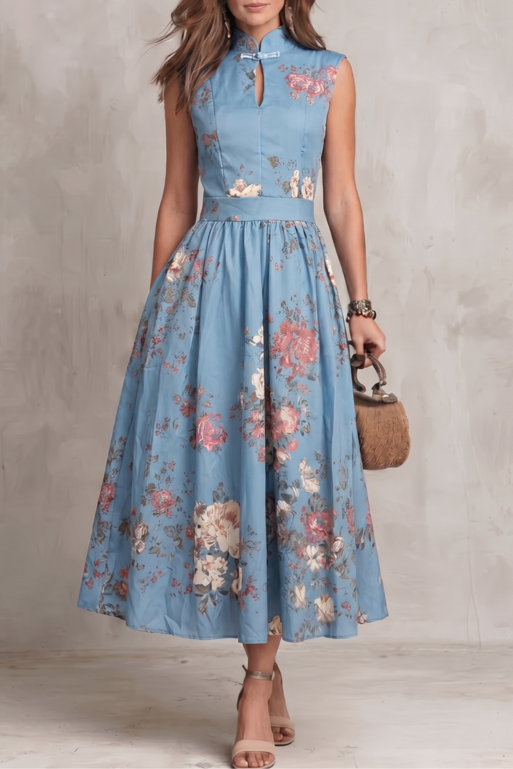 Cecily | Midi Dress Black Satin Floral Keyhole High Neck for Women